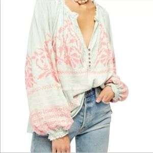 FREE PEOPLE Persuasion Embroidered Balloon-sleeve Top In Mint Combo M Green